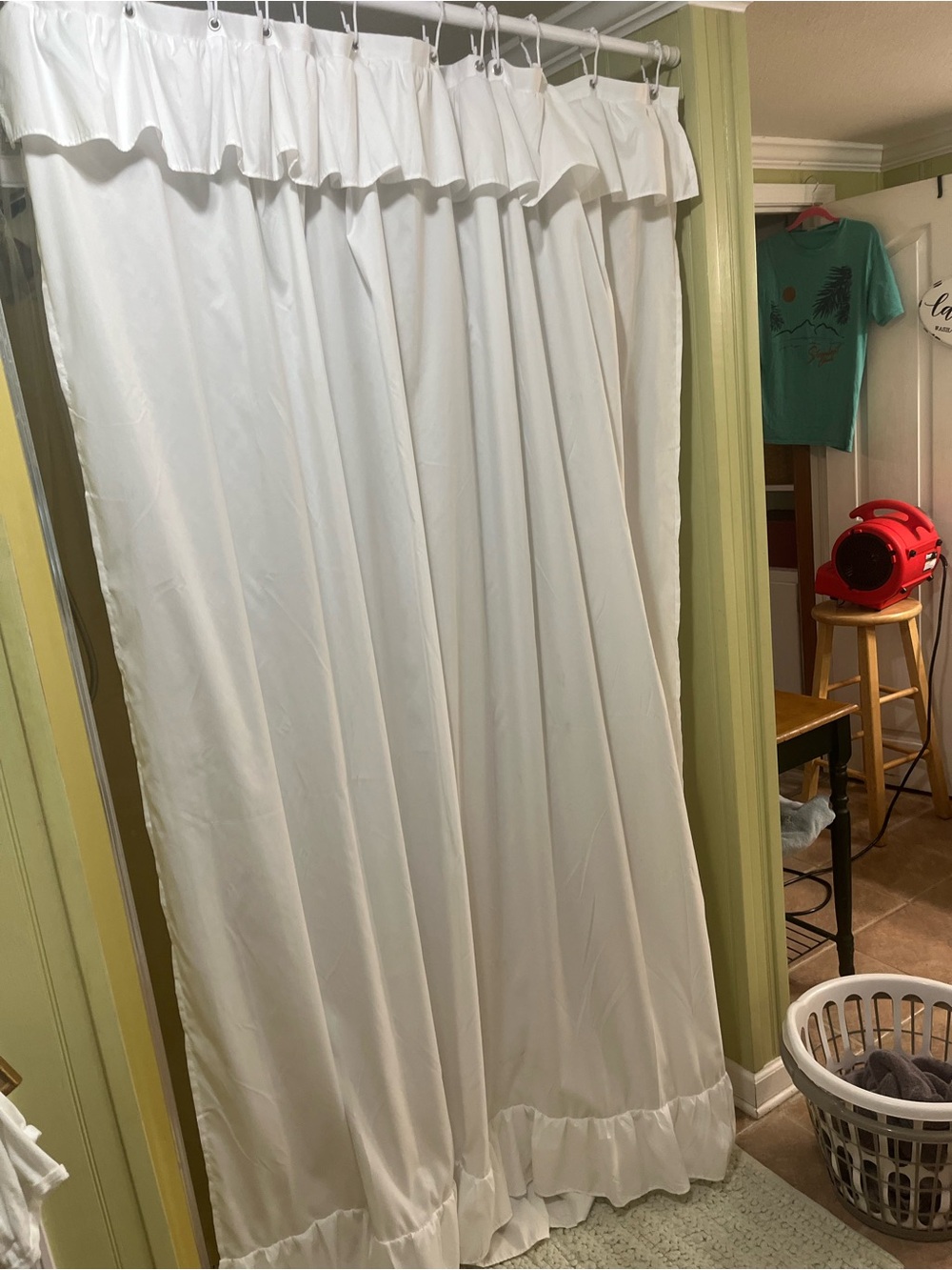 Amazon White Ruffled Shower Curtain with Decorative Top and Bottom Ruffle